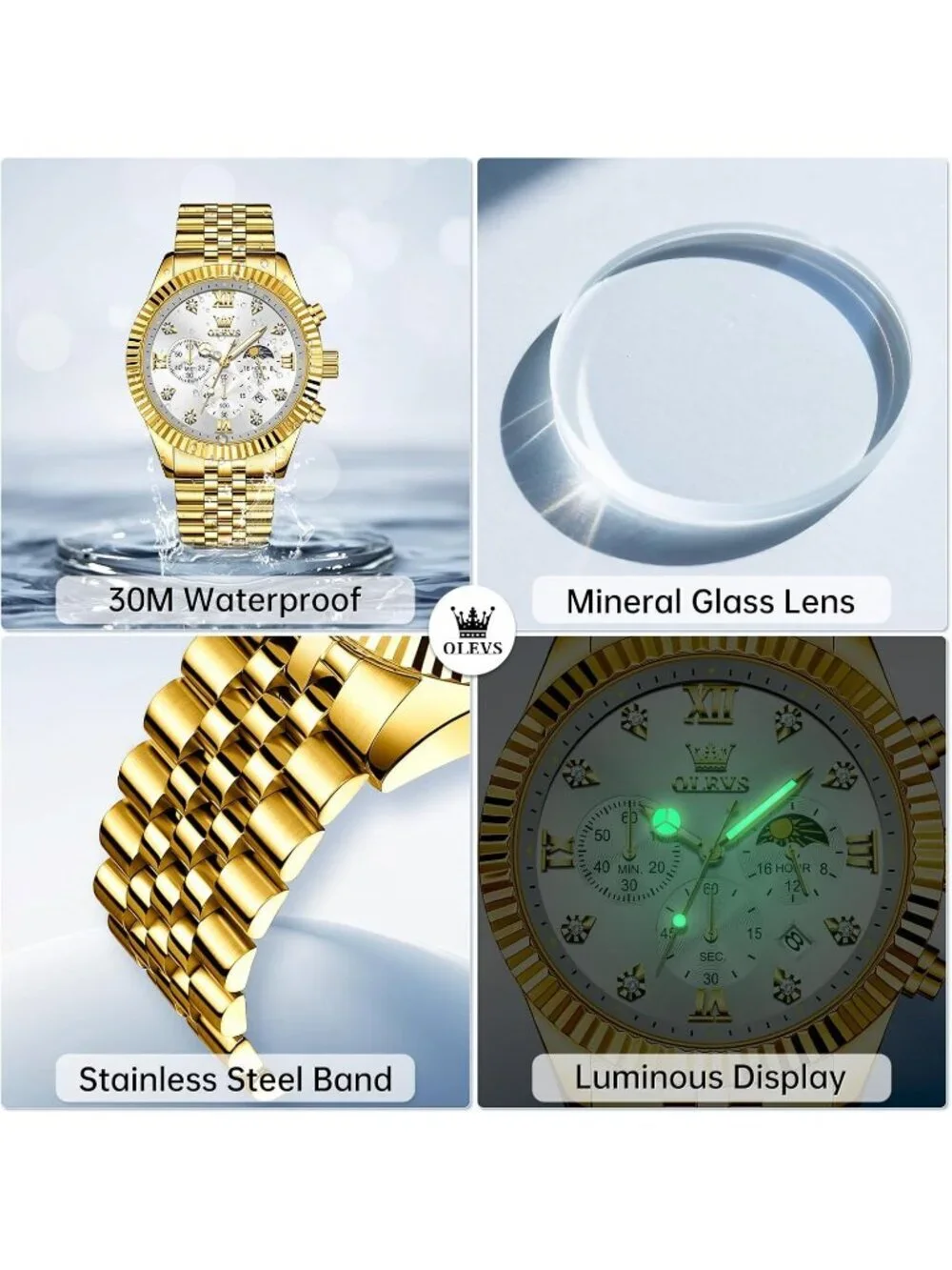 Men's White Gold Diamond Stainless Steel Waterproof Roman Numbers Classic Watch